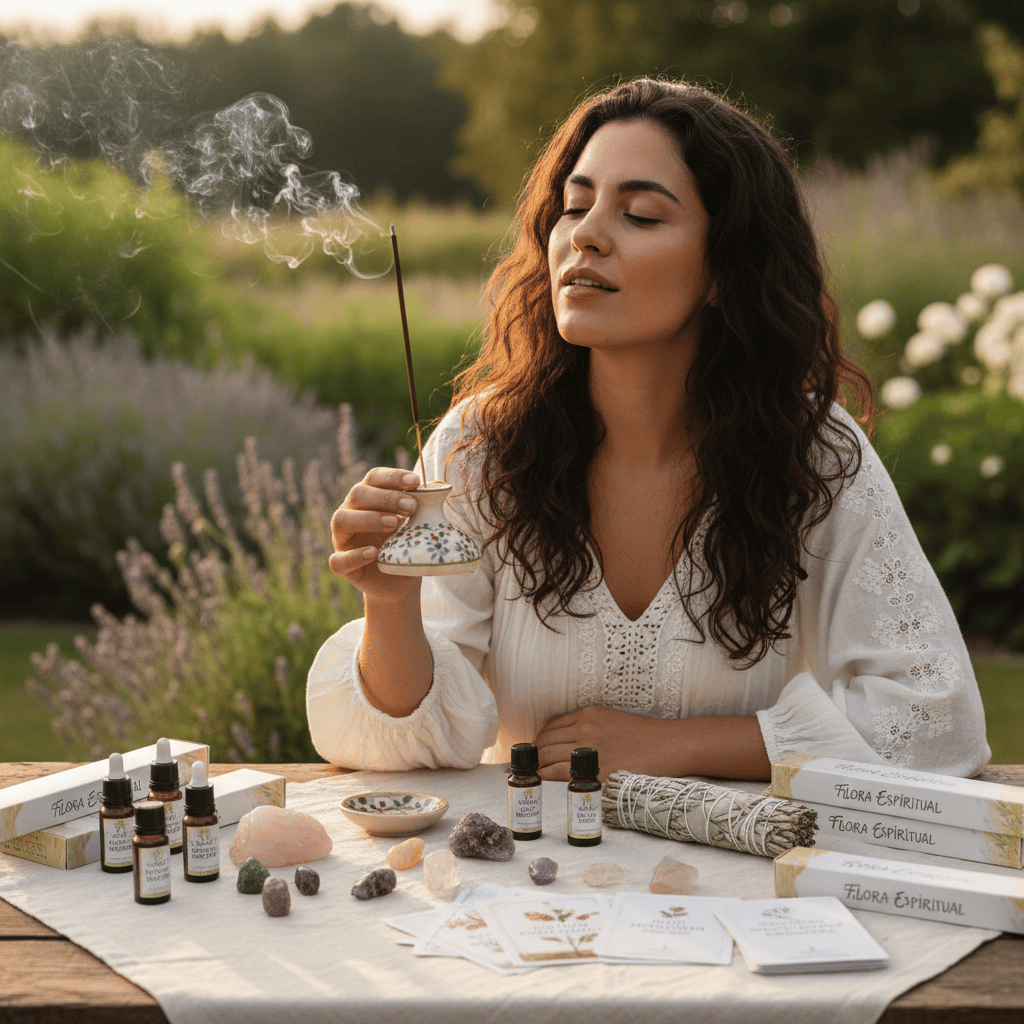 foto real mujer que tenga algunos productos de mi tienda como un icienso de flora espiritual
que tenga en mano