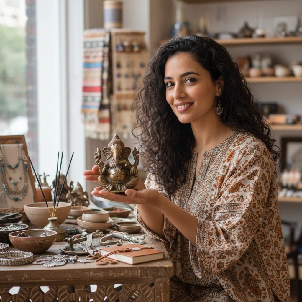 foto real mujer que tenga algunos productos de mi tienda como un ganesha de bronce
que tenga en mano