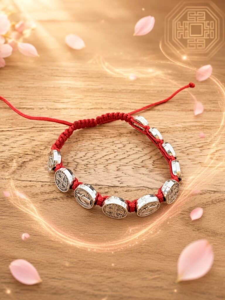 Pulsera de protección San Benito – cordón rojo con medallas